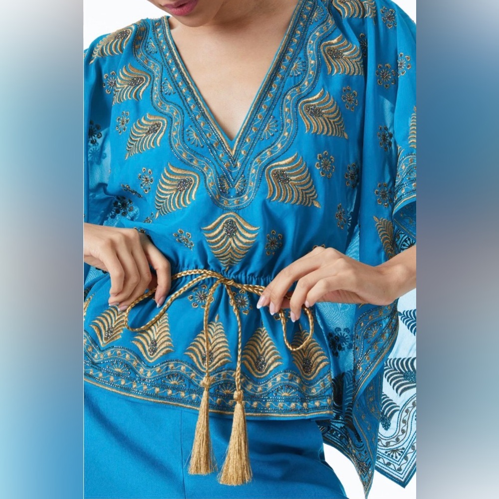Alice + Olivia Sharita Blue Green Teal Gold Embroidered Drawstring Top Blouse - Picture 2 of 15